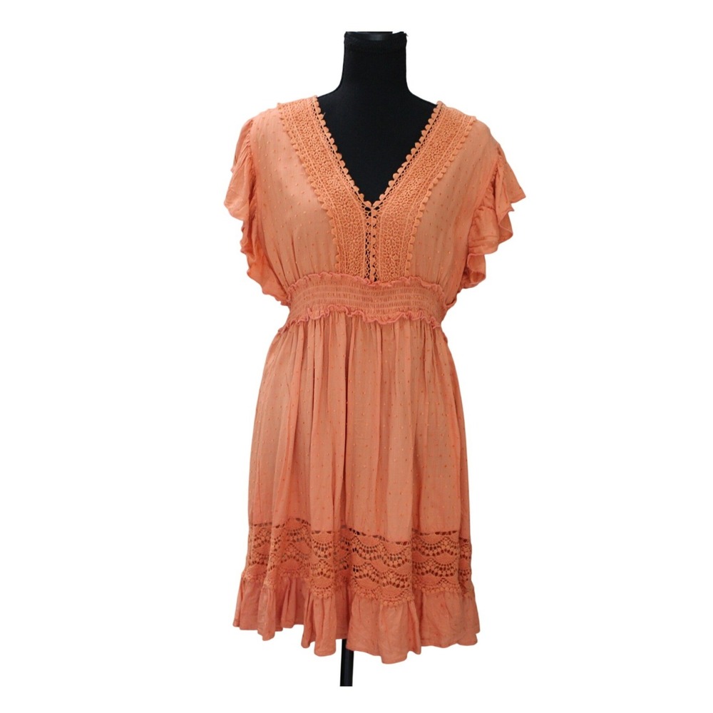 Angie Boho Mini Dress Womens Large Orange Swiss Dot Lace V Neck Flowy Festival